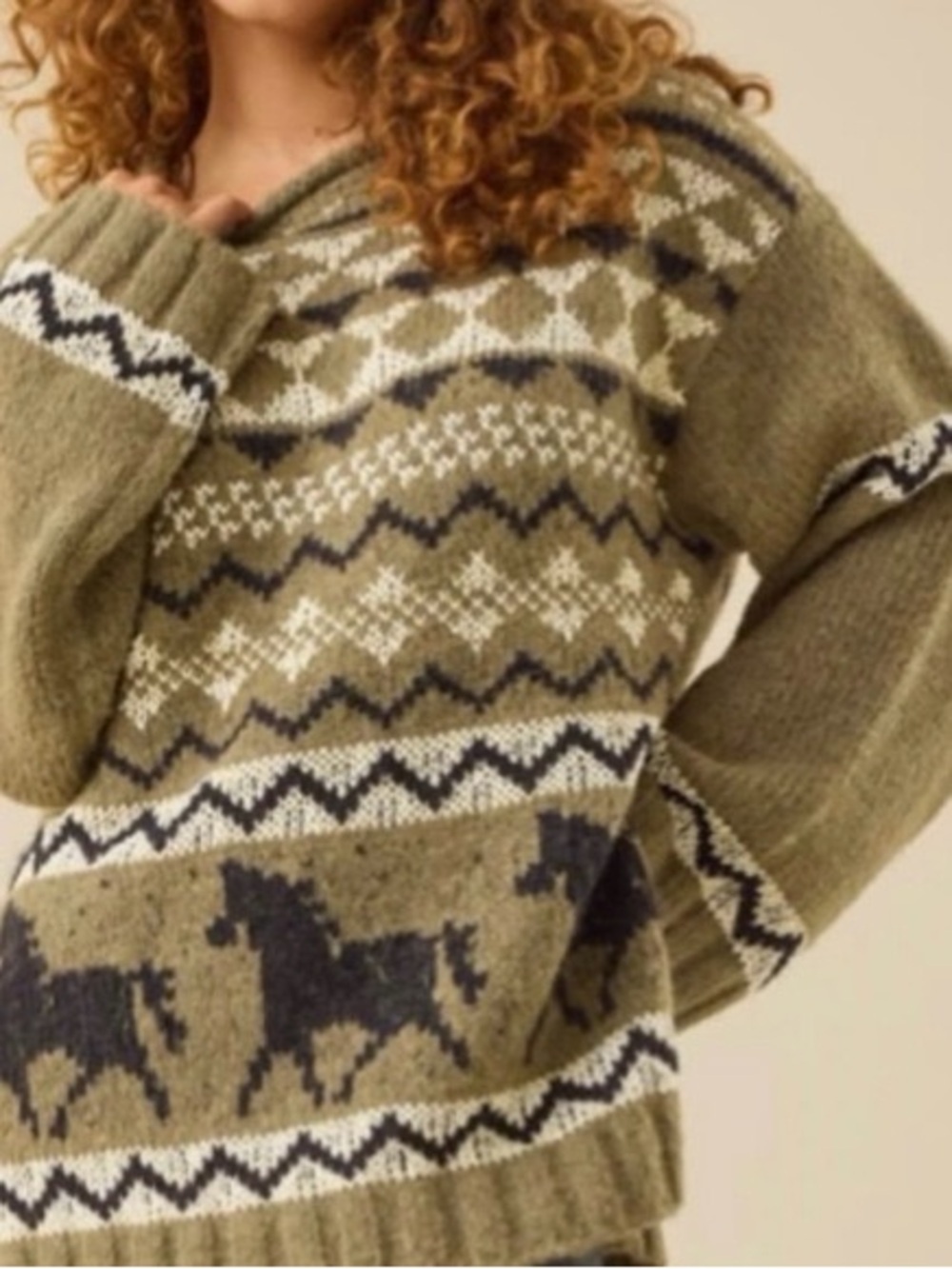 Altar’d State Fern Fair Isle Horse Sweater Medium Olive Equestrian Oversized